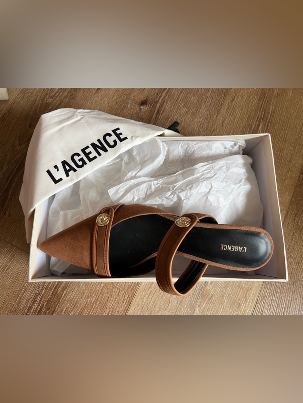 L'AGENCE Tan Pointed Mary Jane Mules with Gold Buttons